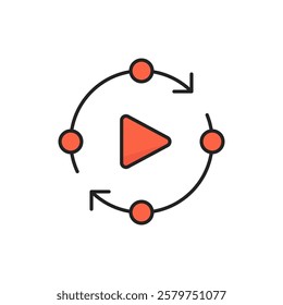 thin line audio streaming icon with play button. simple flat trend modern abstract multimedia logotype graphic art design isolated on white. concept of serials streaming badge or control panel element