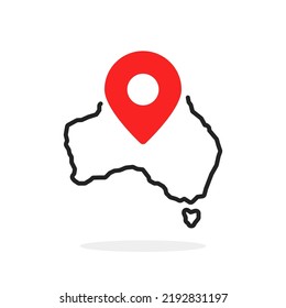 icono de mapa de línea delgada australia con punto de anclaje rojo. tendencia lineal plana diseño de lootipo lineal moderno elemento infográfico web aislado en fondo blanco. concepto de costa de gran parte del mundo