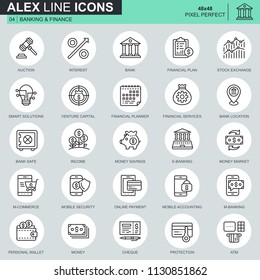 Thin line banking and finance icons set for website and mobile site and apps. Contains such Icons as Bank, Money, Financial Plan, M-commerce. 48x48 Pixel Perfect. Editable Stroke. Vector illustration.