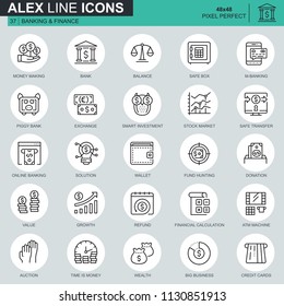 Thin line banking and finance icons set for website and mobile site and apps. Contains such Icons as E-Banking, Auction, Financial Growth. 48x48 Pixel Perfect. Editable Stroke. Vector illustration.