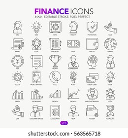 Thin line banking and finance icons set for website and mobile site and apps. Pixel perfect. Editable. Stroke. Simple linear pictogram pack