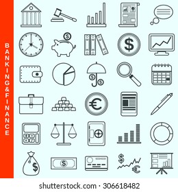 Thin line banking and finance vector icons set. Modern outline pictogram collection
