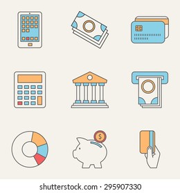 Juego de iconos web de banca y finanzas en línea delgada