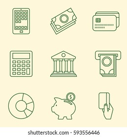 Juego de iconos web de banca y finanzas en línea delgada