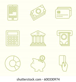 Juego de iconos web de banca y finanzas en línea delgada