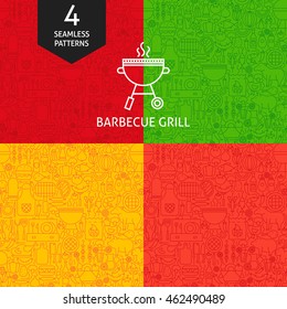 Thin Line Barbecue Pattern Set. Four Vector Website Design Seamless Backgrounds. Grill Menu.