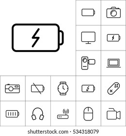 thin line battery icon on white background, gadgets set
