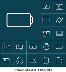 thin line battery icon on blue background, gadgets set