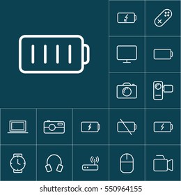 thin line battery icon on blue background, gadgets set