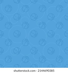 Thin Line Beach Balls In Seamless Pattern On A Blue Background. Colorful Illustration Art For Tournament Illustration And Sport Apps. Vector EPS 10