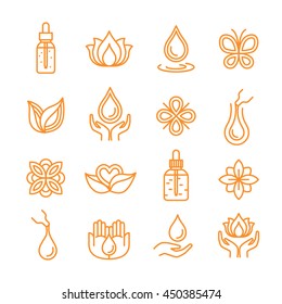 Thin Line Beauty Oils / Cosmetics Icon Set. Vector Illustration.