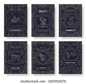 Thin line beauty salon with assortment vector brochure cards set.  Cosmetology template of flyear, magazines, poster, book cover, banners. Outline equipment invitation concept