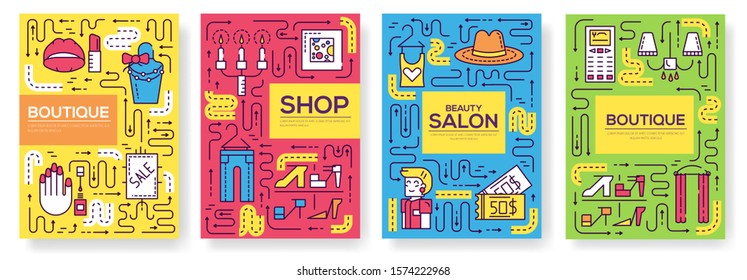 Thin line Beauty salon with assortment vector brochure cards set.  Cosmetology template of flyear, magazines, poster, book cover, banners. Outline equipmen invitation concept.