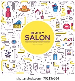 Thin line Beauty salon with assortment vector brochure cards set.  Cosmetology template of flyear, magazines, poster, book cover, banners. Outline equipmen invitation concept.