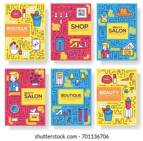 Thin line Beauty salon with assortment vector brochure cards set.  Cosmetology template of flyear, magazines, poster, book cover, banners. Outline equipmen invitation concept.