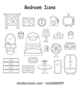 Thin line bedroom and living room flat icons (window ,clock ,lamp ,landline ,bed ,dressing table ,tv ,radio ,shoes ,flower vase ,tissue box ,fan ,drawer ,wardrobe ,mirror ,pillow ,curtains ,cactus).