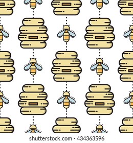 Thin line bee and beehive seamless pattern, vector illustration. Beehive, beekeeping, beeline seamless pattern, apiary background