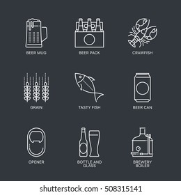 Thin line beer logo concept isolated on dark background. Web infographics linear beer icons set. Outline beer sign vector illustration. Stroke simple mono beer icon infographic pictogram pack.