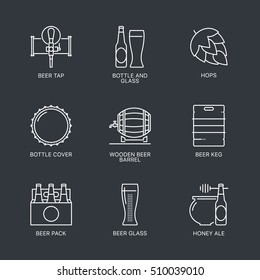 Thin line beer logo concept isolated on white background. Web infographics linear beer icons set. Outline beer sign vector illustration. Stroke simple mono beer icon infographic pictogram pack.