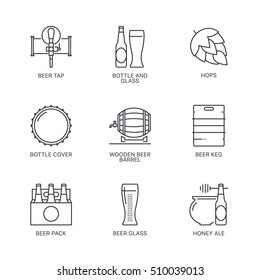 Thin line beer logo concept isolated on white background. Web infographics linear beer icons set. Outline beer sign vector illustration. Stroke simple mono beer icon infographic pictogram pack.