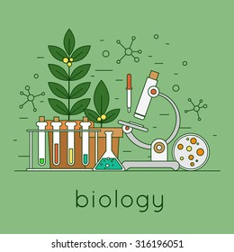 Thin line biology laboratory workspace and science equipment concept. Flat design vector illustration.