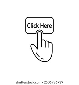 Línea delgada Hacer clic negro aquí Botón. Tendencia lineal plana Moderno Logotipo de admisión simple Elemento de Diseño gráfico aislado en blanco. Concepto de pago en