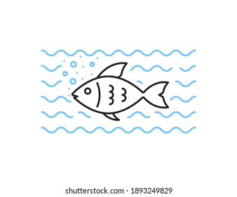 thin line black fish swims in blue water. concept of aquatic animal in water and minimal seafood label. thin lineart style trend modern logotype graphic art design element isolated on white background