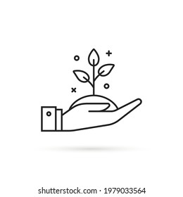 thin line black hand holding pile of soil with plant. lineart peace logotype graphic stroke art sign design web element isolated on white background. concept of linear small human palm with ground