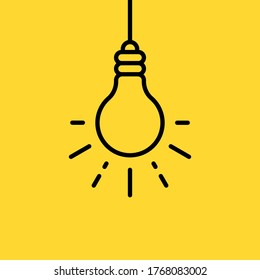 thin line black hanging light bulb. simple stroke logotype graphic stamp lineart design isolated on yellow background. concept of lightbulb on wire like startup and inspiration or invention power