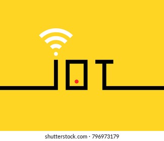 thin line black iot banner. linear flat simple trend logotype graphic art design isolated on yellow background. concept of internet of things for futuristic digital world with wi-fi waves or fintech