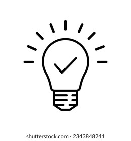 thin line black light bulb with checkmark. simple lineart style trend modern development logotype graphic stroke art design isolated on white. concept of linear lightbulb with rays and best option