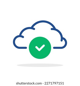 thin line blue cloud icon with green checkmark. concept of data synchronization or connect and mobile app pictogram. flat outline trend modern logotype graphic simple design element isolated on white