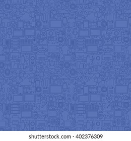 Thin Line Blue Gadgets and Devices Seamless Pattern. Vector Website Design and Seamless Background in Trendy Modern Outline Style. Technology and Electronics.