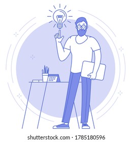 Thin line blue icon of bright idea, creative and business solution with young man standing in front of the big office clock. Flat design networking vector web banner template, line art.
