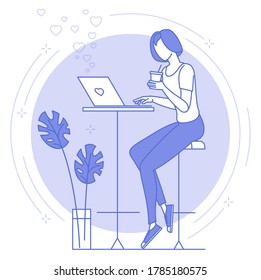 Icono azul de línea delgada de trabajo remoto y freelance. Las mujeres jóvenes están trabajando a distancia en el taller de café. Diseño plano a la moda estilo eficaz proceso de negocio vectorial plantilla de banner web, arte de línea.