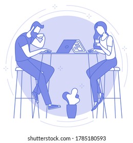 Thin line blue icon of remote work and freelance. Young man and women are working remotely in coffeeshop. Flat design trendy style effective business process vector web banner template, line art.