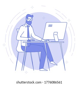 Thin line blue icon of young man working in openspace. Flat design networking vector web banner template, line art.