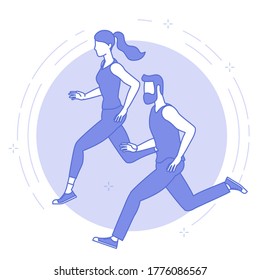 Thin Line Blue Icon Of Young Running Man And Woman. Flat Design Vector Concept For Fitnes Tracker And Helth Life Monitoring Application.
