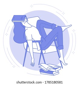 Thin line blue icon of of young woman sleeping with open book, student or night work, tiredness. Flat design trendy style effective business process vector web banner template, line art.