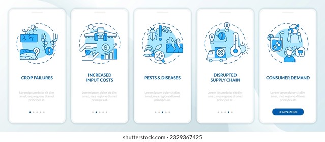 Iconos de color azul claro que representan el impacto de la inflación en la pantalla de la aplicación móvil. Instrucciones gráficas con conceptos lineales, UI, UX, plantilla GUI.