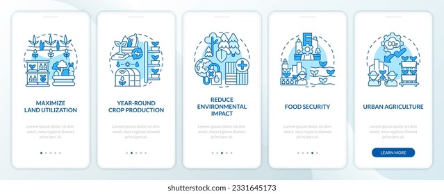 Thin line blue icons representing vertical farming and hydroponics mobile app screen set. 5 steps graphic instructions, UI, UX, GUI template.