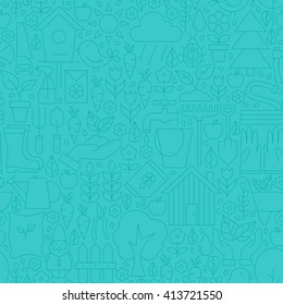 Thin Line Blue Spring and Garden Seamless Pattern. Vector Website Design and Seamless Background in Trendy Modern Outline Style. Nature and Gardening.