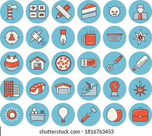 Thin line blue tinted icon set - skyscraper flat vector, measure, cake, colander, kitchen spoon, meat hammer, egg, pizza, sashimi, tea, laser, mining, lighthouse, warehouse, person, target audience