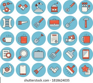 Thin line blue tinted icon set - saw flat vector, putty knife, hammer, kitchen spoon, coffee grinder, tea, pitchfork, shovel, robotics, case, investments, magnifier, agreement, contract, robot hand