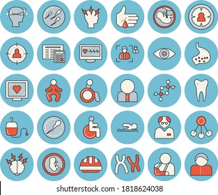 Thin line blue tinted icon set - hard hat flat vector, calculator, hierarchy, person, target audience, blood transfusion, computer diagnostics of health, disabled, injury, eye, headache, embryo, dna