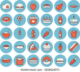 Thin line blue tinted icon set - ketchup flat vector, spaghetti, hamburger, hot dog, pizza, cupcake, piece of cake, donut, porridge, pie, chicken, lollipop, carrot, bell pepper, French fries, canape