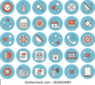 Dünne Linie blaues Farbsymbol Set - cograd flache Vektorgrafik, Sockel, Stecker, Satellitenantenne, SIM-Karte, Moleküle, Telefonanruf, Telefon, Laptop, Molekül, Satellit, Sicherheit, Teilen, gemeinsame Nutzung von Dateien