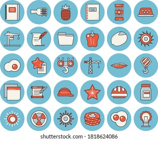 Thin line blue tinted icon set - crane flat vector, hook, hard hat, spaghetti, lemon, on a fork, bell pepper, scrambled eggs, pineapple, pancakes, sun, radiation, computer file, sticker, notebook