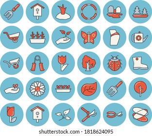 Thin line blue tinted icon set - nesting box flat vector, tree, flower, ladybird, pitchfork, secateurs, seedlings, watering can, planting plants, garden wheelbarrow, gumboots, tulip, butterflies