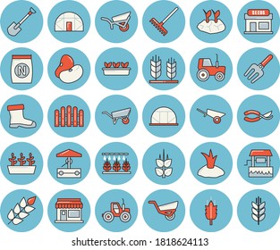 Thin line blue tinted icon set - wheelbarrow flat vector, legumes, ear, fertilizer vectory, well, grain warehouse, tractor, sprinkling machine, pitchfork, shovel, fence, secateurs, rake, garden